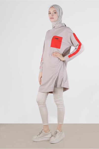 Alvina Striped Tunic Sweatpants with Sleeves and Pocket Detail - 42859