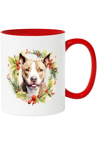 StoryGift Romania Mug with a happy Pitbull dog | illustration | crown | leaves | mistletoe | for, With, STG
