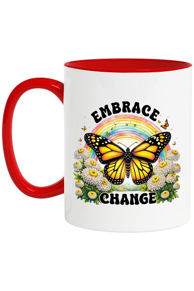 StoryGift Romania Mug with a yellow butterfly with the message "Embrace change", illustration, motivational,, With