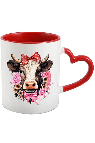 StoryGift Romania Mug with a cow with a bow on her head, flowers around, roses, Valentine's Day, illu, With ,STG