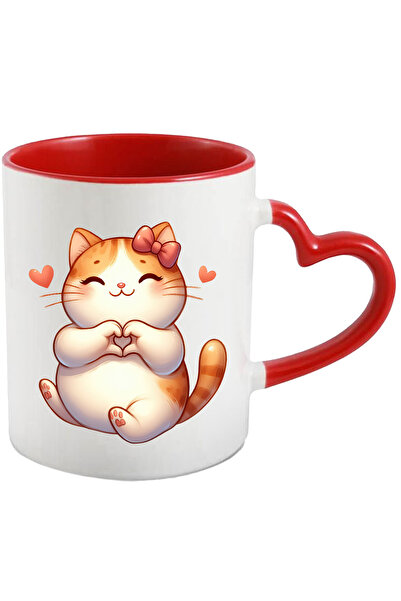 StoryGift Romania Cana cu o pisica vesela care tine labutele in forma de inim...