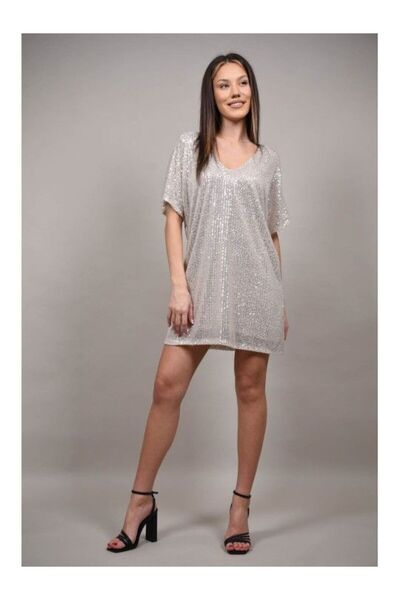 FASHIONLAND SHORT OCCASIONAL DRESS WITH SEQUINS BELLARE Ivory S-M