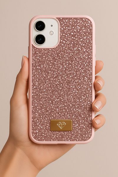 Fibaks غطاء سيليكون متوافق مع هاتف iPhone 11 مع تصميم مخملي ماسي وحجر وردي لامع