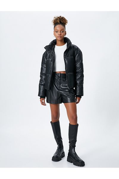 Koton Puffer Jacket Leather Look Stand Collar Zipper and Snap Closure Pockets