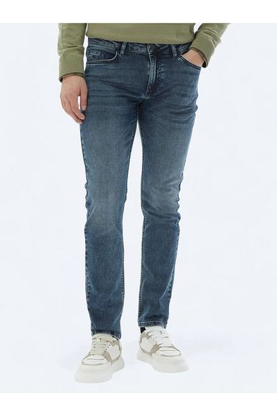 Kip Navy Blue Slim Fit Denim-Cotton Blend Trousers