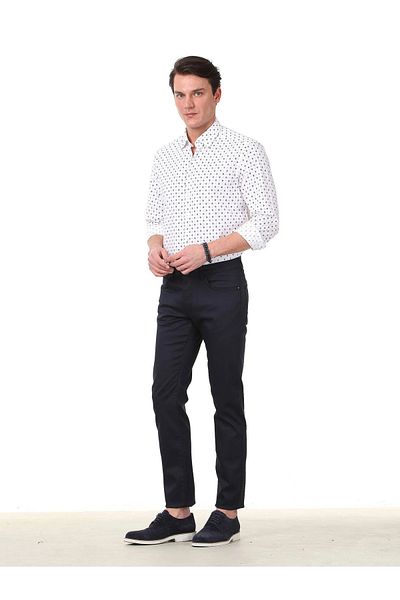 Kip Navy Blue Plain Woven Regular Fit Casual Cotton Blended Trousers