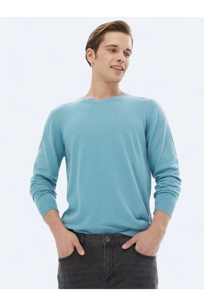 Kip Dark Mint Crew Neck Plain Knit Cotton Blend Sweater