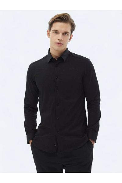 Kip Μαύρο Casual 100% βαμβακερό πουκάμισο με κανονική εφαρμογή