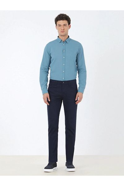 Kip Navy Blue Plain Woven Slim Fit Casual Cotton Blended Trousers