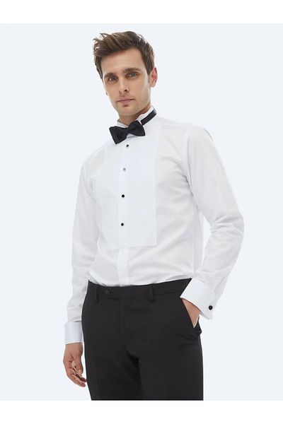 Kip Tuxedo alb slim fit - croială simplă, manșetă dublă, cămașă cu guler Ata