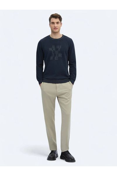 Kip Navy Blue Crew Neck Patterned Cotton Blend Sweater