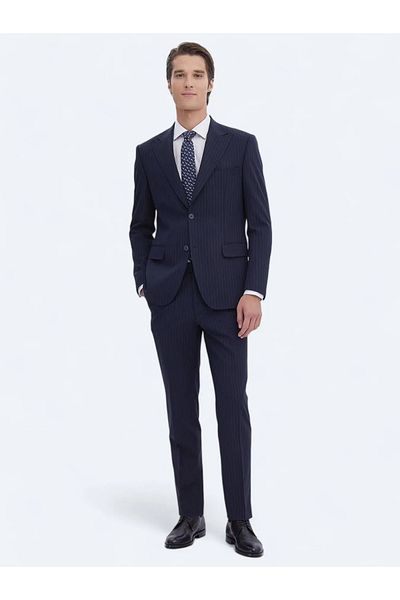 Kip Navy Blue Striped Regular Fit Eco-Friendly Suit