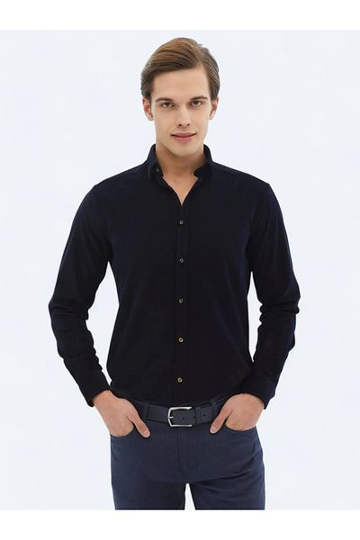 Kip Μπλε ναυτικό ριγέ Regular Fit Woven Velvet Casual πουκάμισο από 100% βαμβάκι