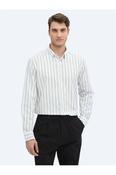 Kip Καφέ ριγέ κανονική εφαρμογή υφαντό casual 100% βαμβακερό πουκάμισο