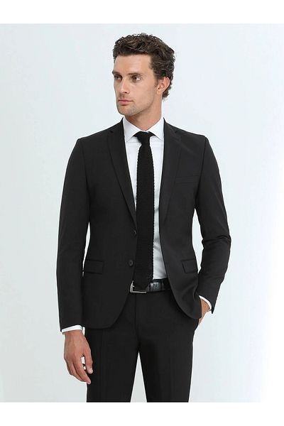 Kip Black Plain Slim Fit Wool Blended Suit