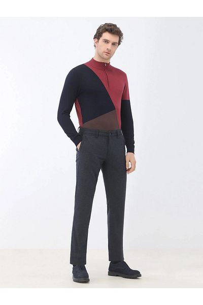 Kip Navy Blue Woven Slim Fit Smart Casual Trousers