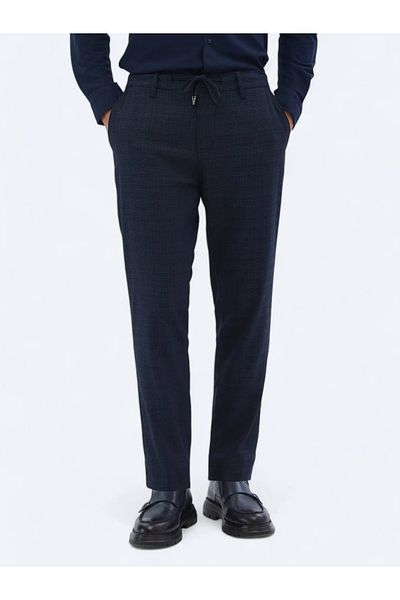 Kip Navy Blue Patterned Woven Jogging Fit Casual Trousers