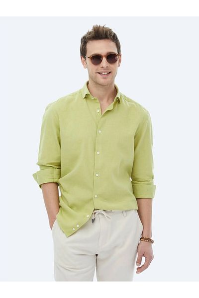 Kip Oil Green Plain Regular Fit Woven Casual Cotton Blended Shirt