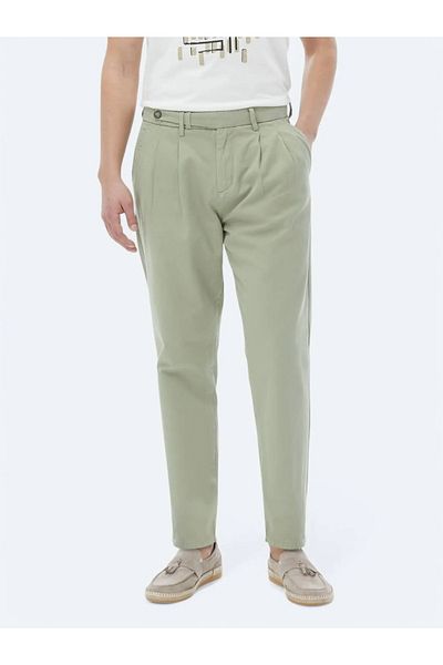 Kip Khaki Woven Carrot Fit Smart Casual 100% Cotton Trousers