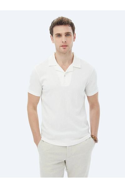 Kip Cotton Blended White T-Shirt - Jacquard Cuban Collar