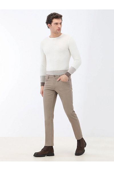 Kip Hazelnut Plain Weave Slim Fit Casual Cotton Blend Trousers