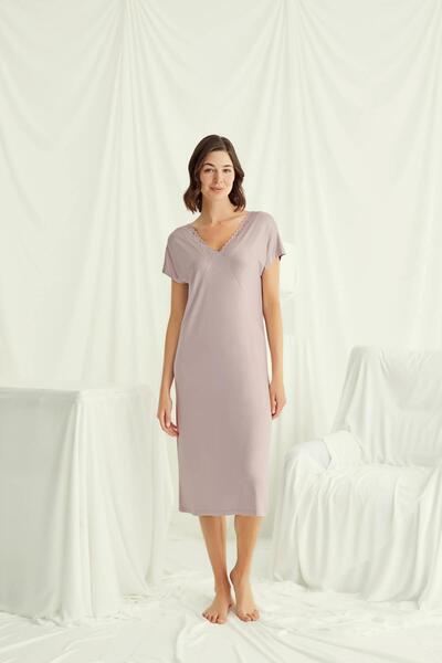 MONAMİSE فستان نوم بأكمام قصيرة مع ياقة من الدانتيل