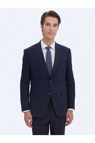 Kip Navy Blue Striped Modern Fit Eco-Friendly Suit