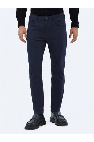 Kip Navy Blue Woven Slim Fit Casual Cotton Blend Trousers