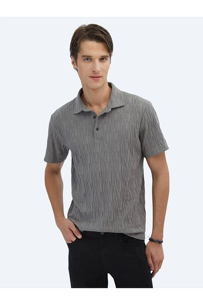 Kip Anthracite Patterned Polo Neck 100% Cotton T-Shirt