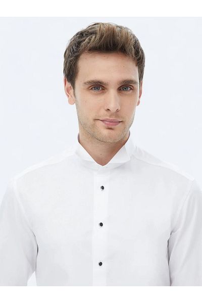 Kip Tuxedo alb slim fit - croială simplă, manșetă dublă, cămașă cu guler Ata