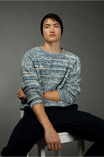 Kiğılı Bisiklet Yaka Oversize Desenli Pamuklu Triko Kazak