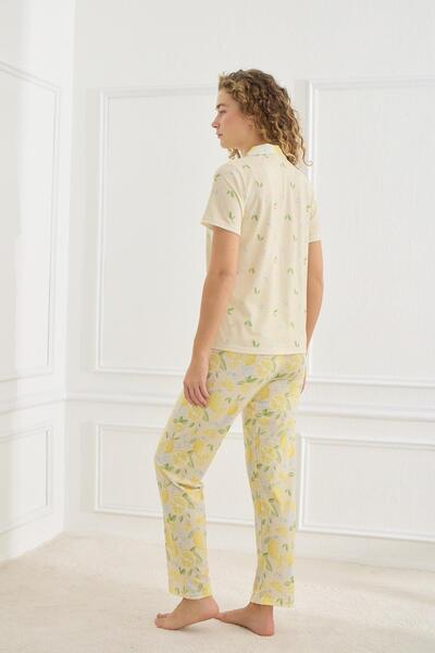 Kompedan Kadın Limon Desenli Polo Yaka Likralı Süprem Pijama Takımı | Sarı 70110-856