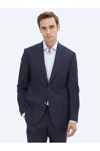 Kip Navy Blue Micro Modern Fit Wool Blended Suit