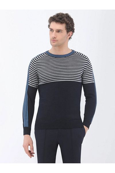 Kip Light Navy Blue Crew Neck Striped Cotton Blended Sweater Sweater
