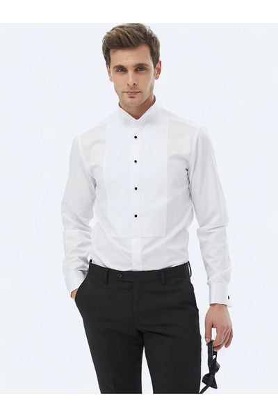Kip Cămașă smoking albă, simplă, slim fit, cu manșetă dublă
