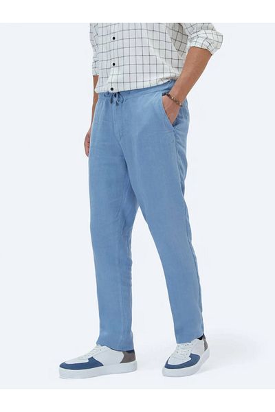 Kip Blue Woven Jogging Fit Casual 100% Linen Trousers