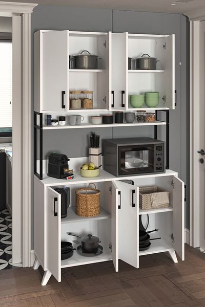 Bofigo Dulap multifuncțional cu 8 uși, Dulap de bucătărie Defne, Dulap alimentar, Dulap de cămară, Alb