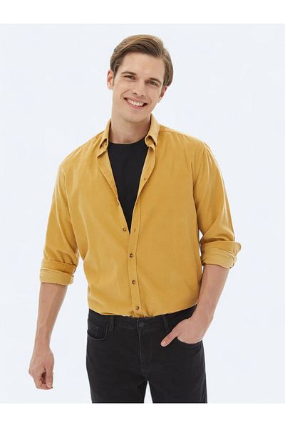 Kip Κίτρινο Twill Regular Fit Woven Velvet Casual πουκάμισο από 100% βαμβάκι
