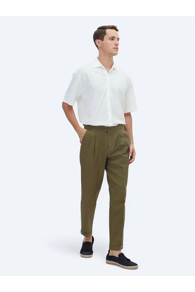 Kip Khaki Woven Carrot Fit Casual Trousers