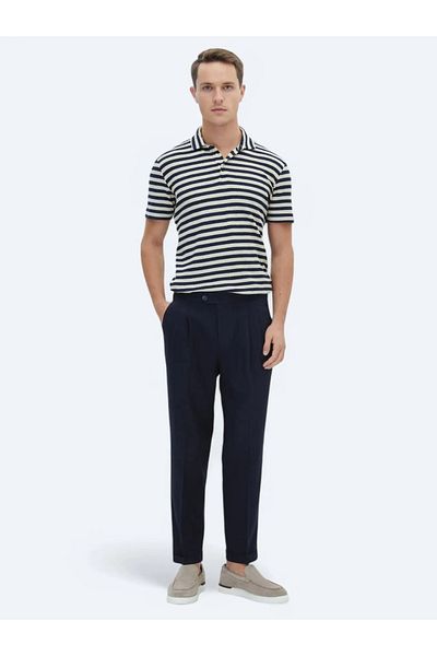 Kip Navy Blue Woven Carrot Fit Casual Trousers