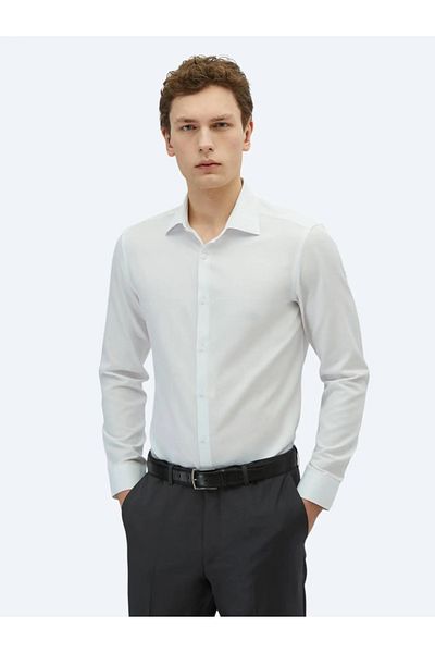 Kip Cămașă clasică din amestec de bumbac, albă, simplă, slim fit
