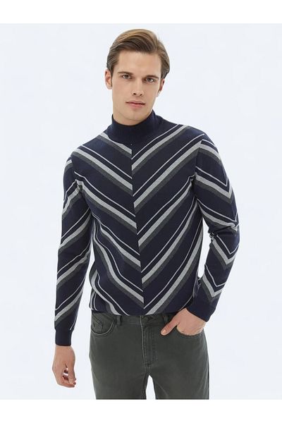 Kip Navy Blue Half Turtleneck Patterned Cotton Blended Knitwear Sweater