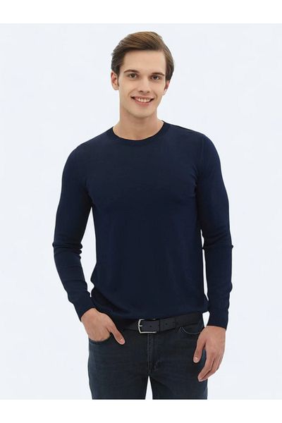 Kip Navy Blue Crew Neck Plain Knit Sweater