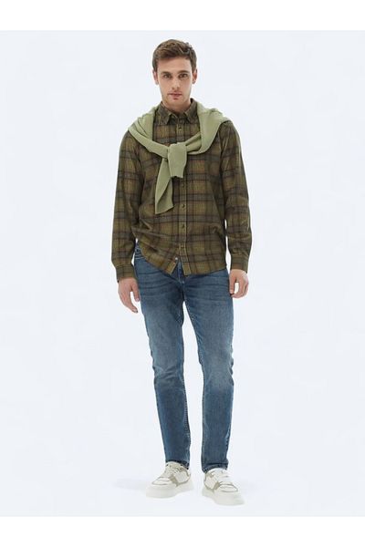 Kip Χακί Twill Regular Fit Woven Velvet Casual πουκάμισο από 100% βαμβάκι