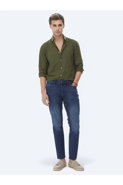Kip Navy Blue Slim Fit Denim-Cotton Blend Trousers