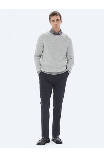 Kip Ecru Crew Neck Patterned Cotton Blend Sweater