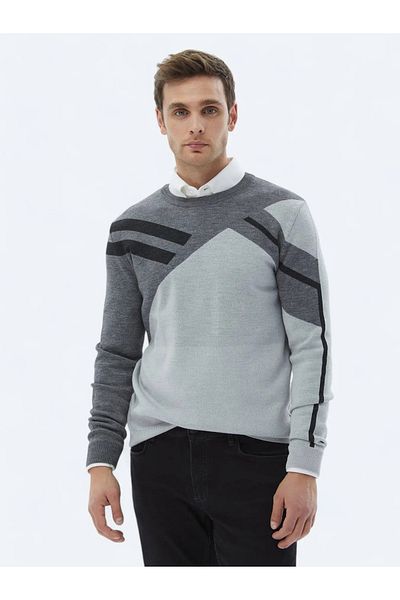 Kip Light Gray Crew Neck Patterned Wool Blended Knitwear Sweater
