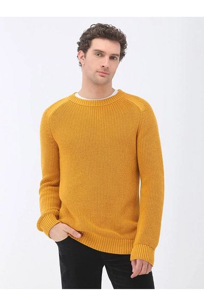 Kip Yellow Crew Neck Cotton Blended Sweater