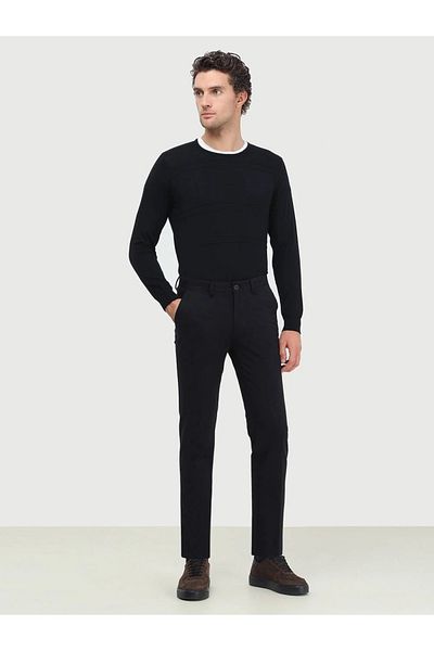 Kip Black Plain Weave Slim Fit Smart Casual Cotton Blend Trousers