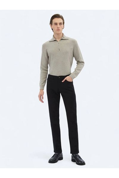 Kip Black Woven Slim Fit Casual Cotton Blend Trousers
